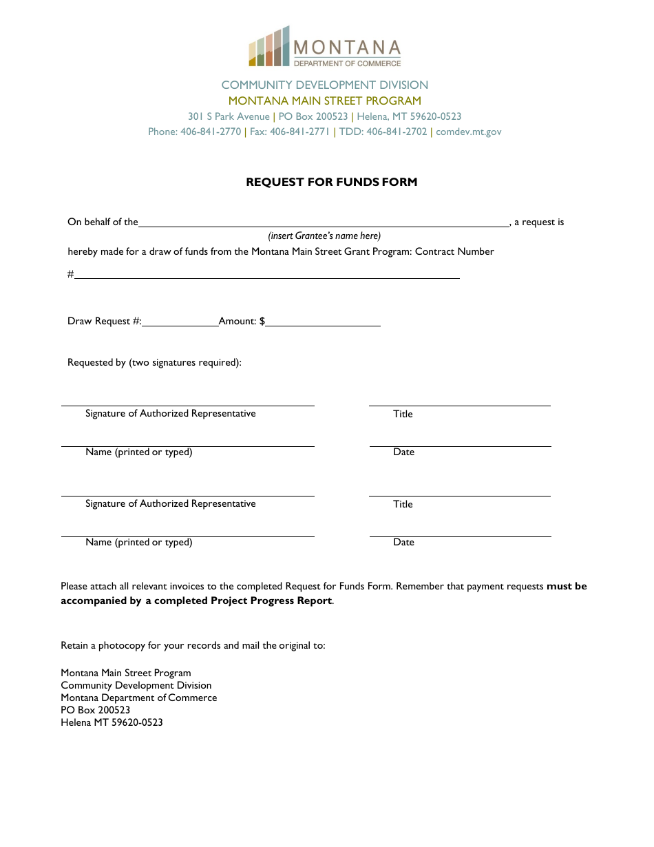 Request for Funds Form - Montana, Page 1