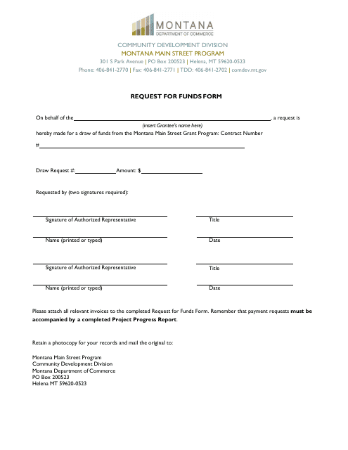 Request for Funds Form - Montana Download Pdf