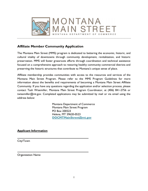 Affiliate Member Community Application Form - Montana Main Street (Mms) Program - Montana Download Pdf