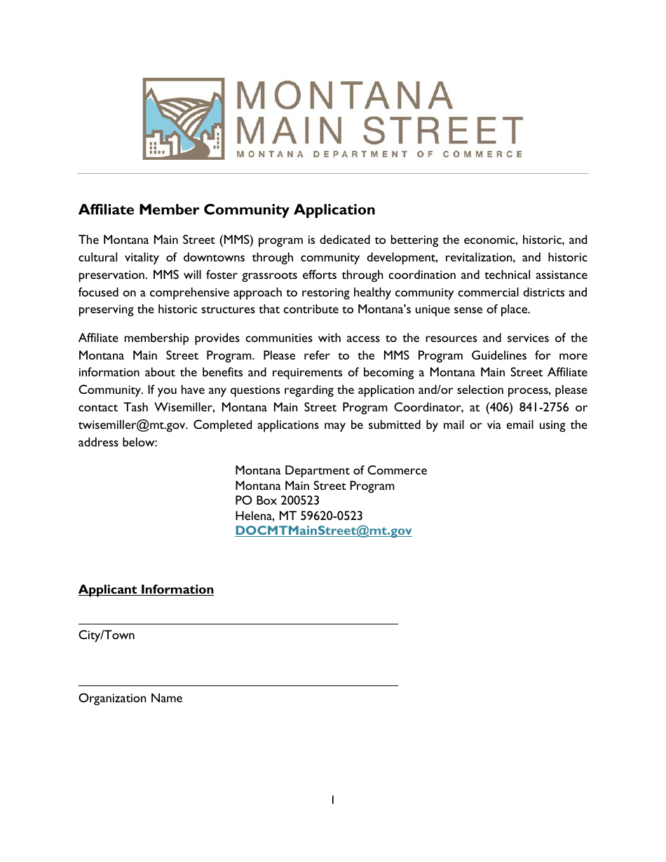 Affiliate Member Community Application Form - Montana Main Street (Mms) Program - Montana, Page 1