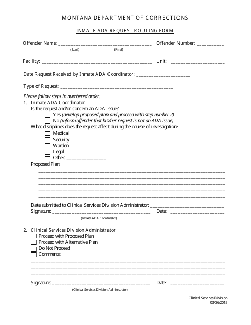 Inmate Ada Request Routing Form - Montana Download Pdf