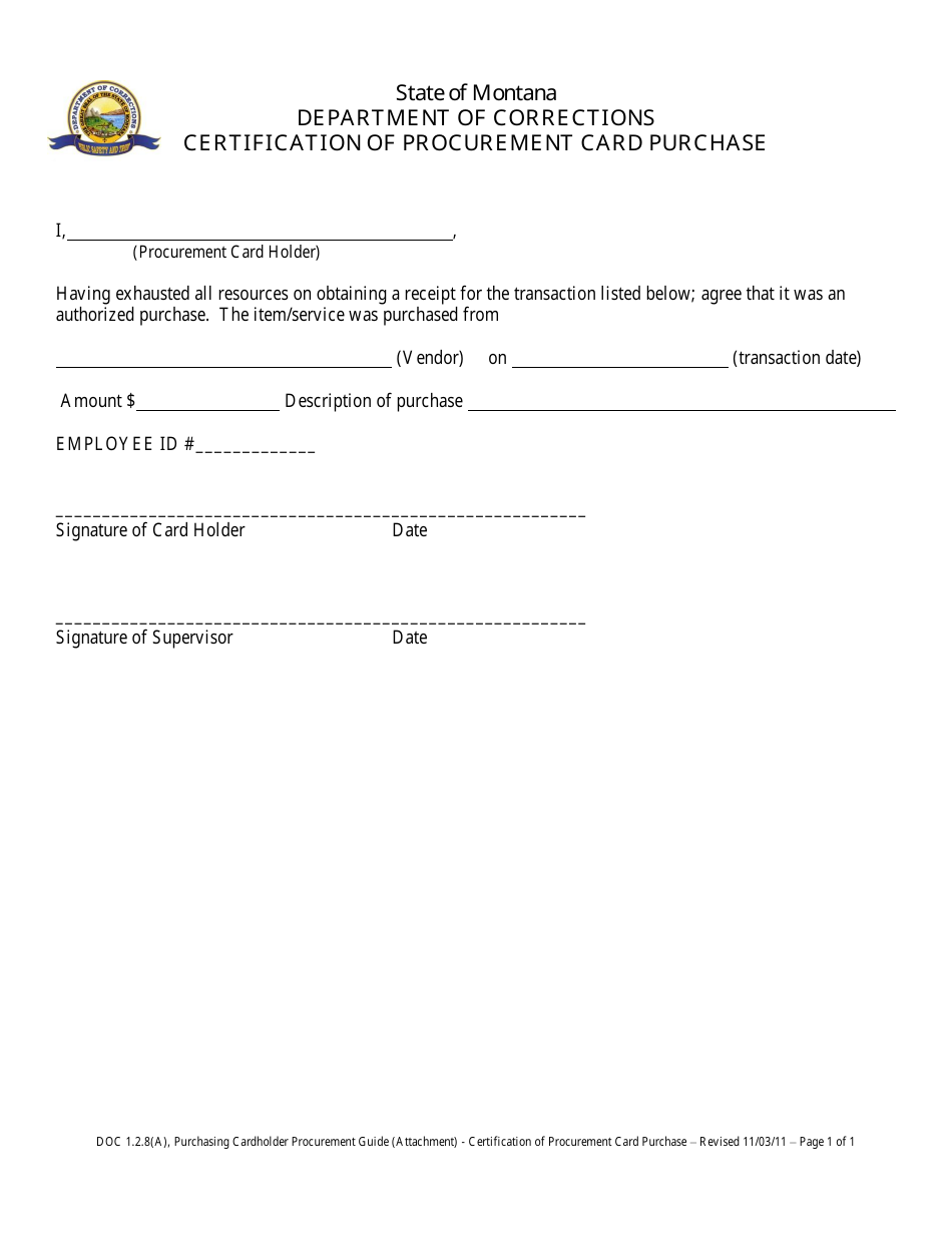 Form DOC1.2.8(A) Certification of Procurement Card Purchase - Montana, Page 1