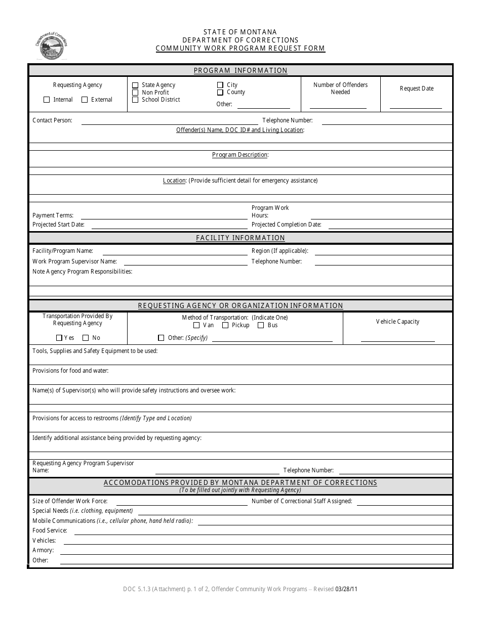Community Work Program Request Form - Montana, Page 1