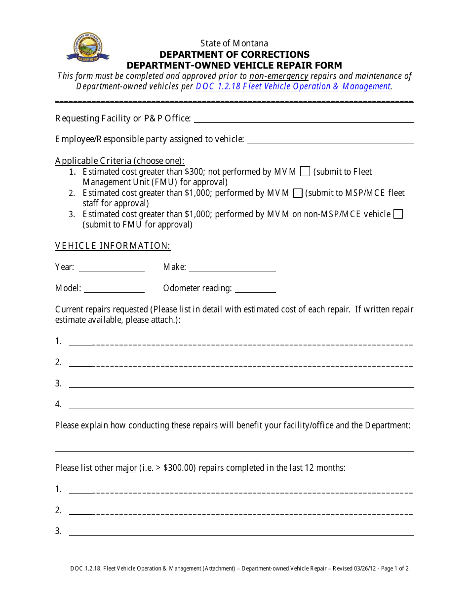 Montana DepartmentOwned Vehicle Repair Form Download Printable PDF