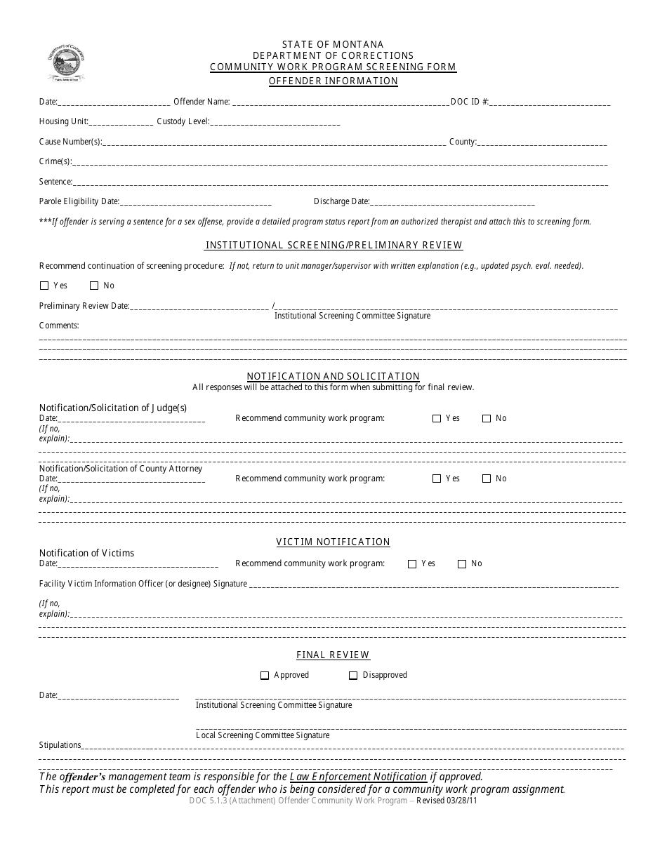Community Work Program Screening Form - Montana, Page 1