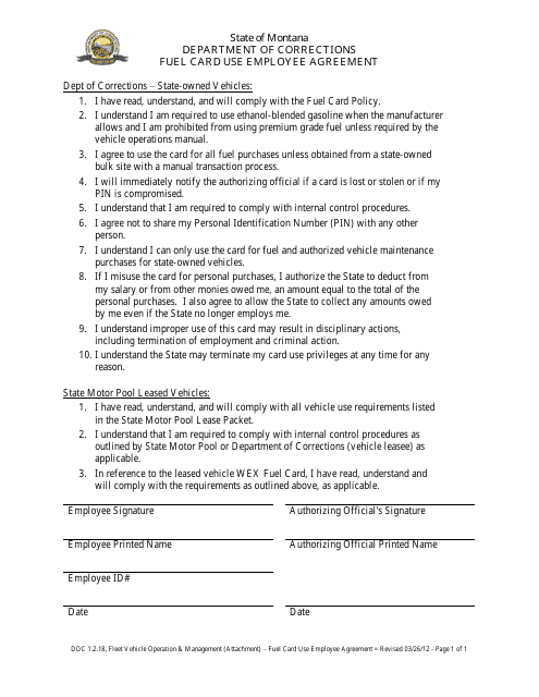 Form DOC1.2.18 Fuel Card Use Employee Agreement - Montana