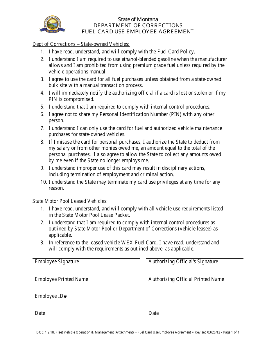 Form DOC1.2.18 Fuel Card Use Employee Agreement - Montana, Page 1