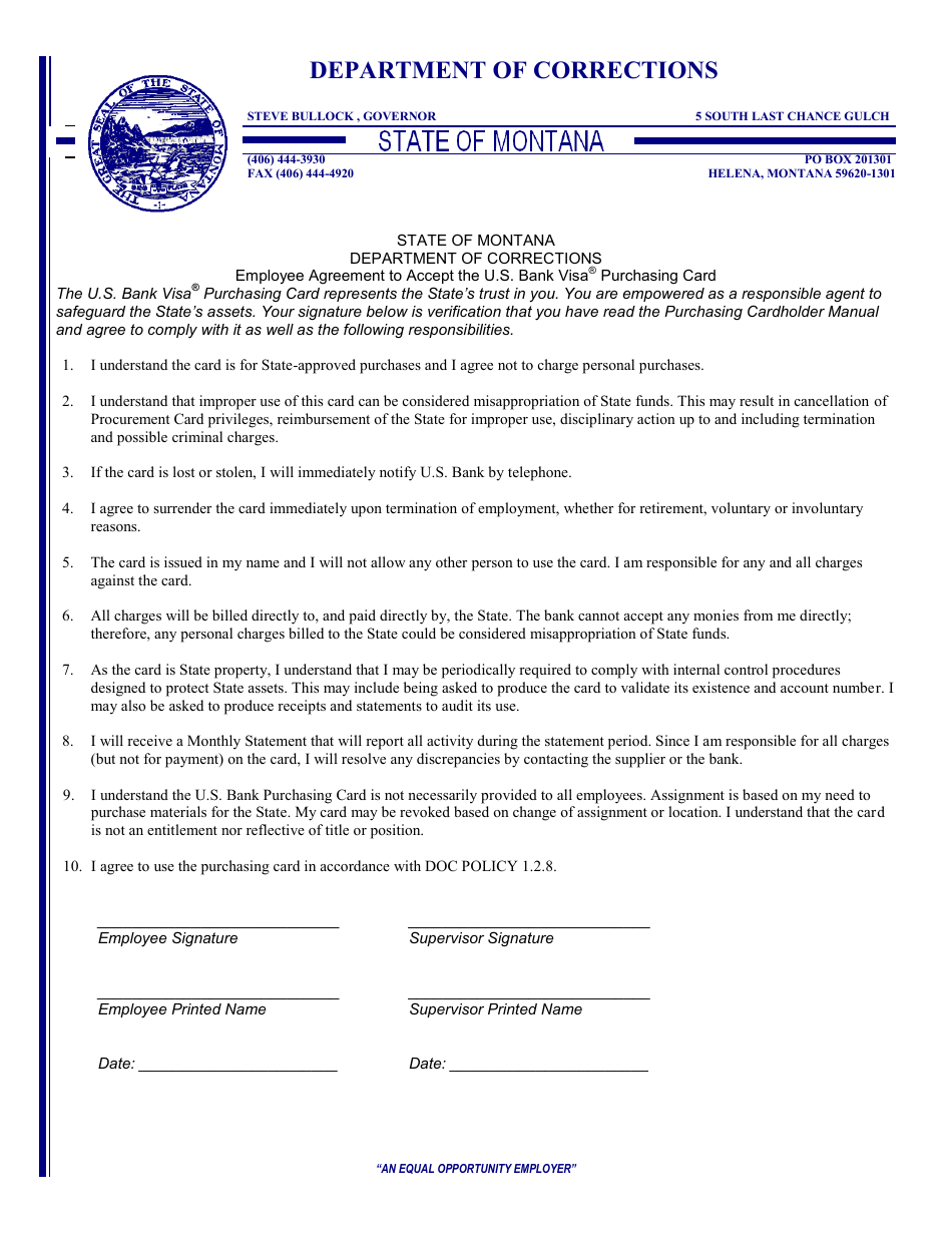 Employee Agreement to Accept the U.S. Bank Visa Purchasing Card - Montana, Page 1