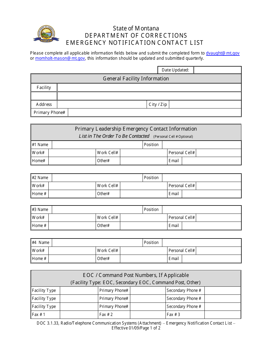 Emergency Notification Contact List - Montana, Page 1