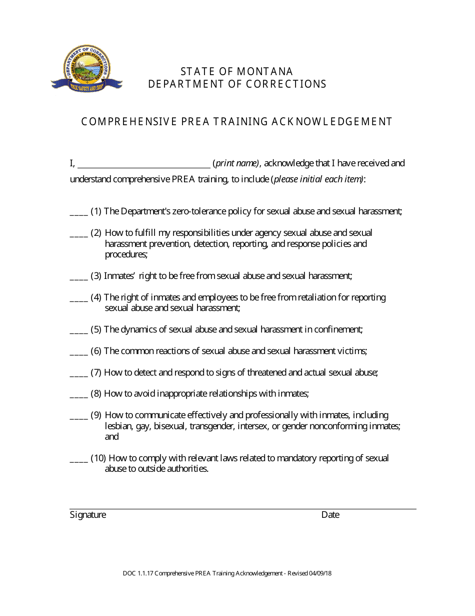 Comprehensive Prea Training Acknowledgement Form - Montana, Page 1
