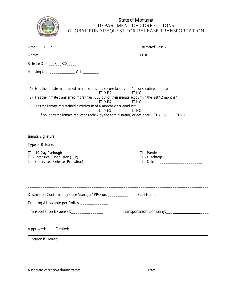 Montana Global Fund Request for Release Transportation - Fill Out, Sign ...