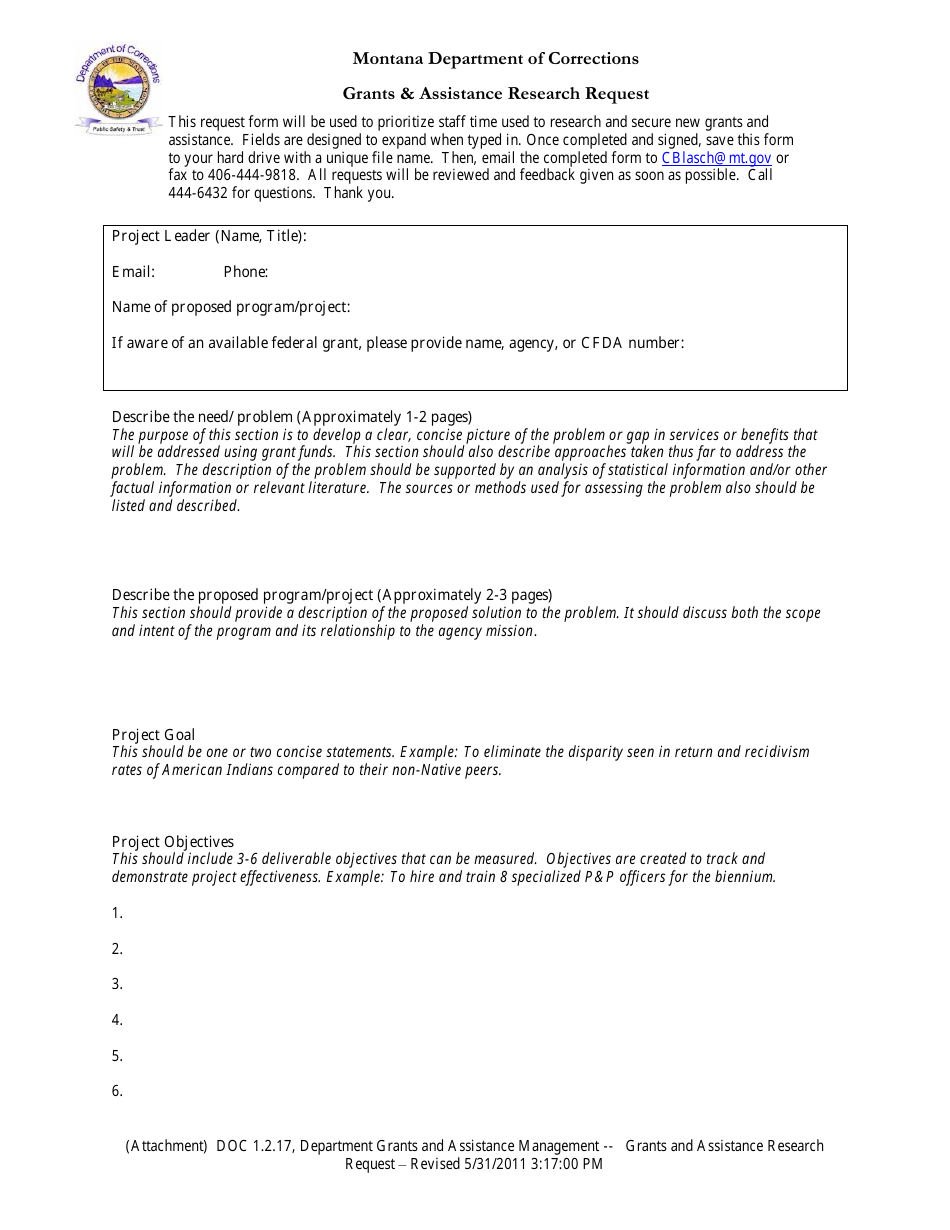 Grants  Assistance Research Request Form - Montana, Page 1
