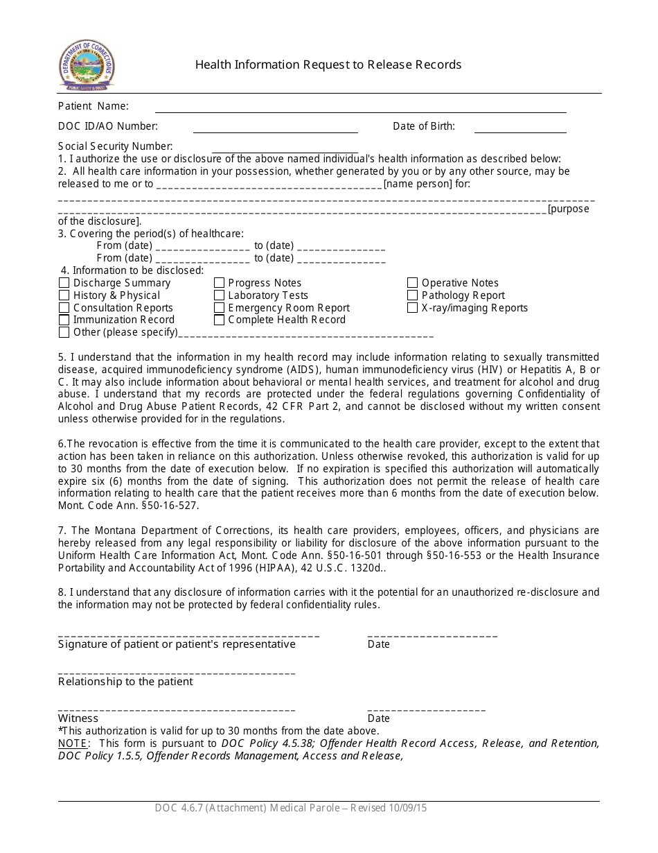 Montana Health Information Request to Release Records - Fill Out, Sign ...