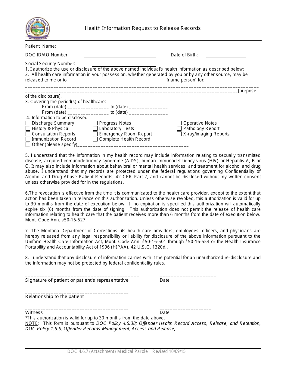 Health Information Request to Release Records - Montana, Page 1