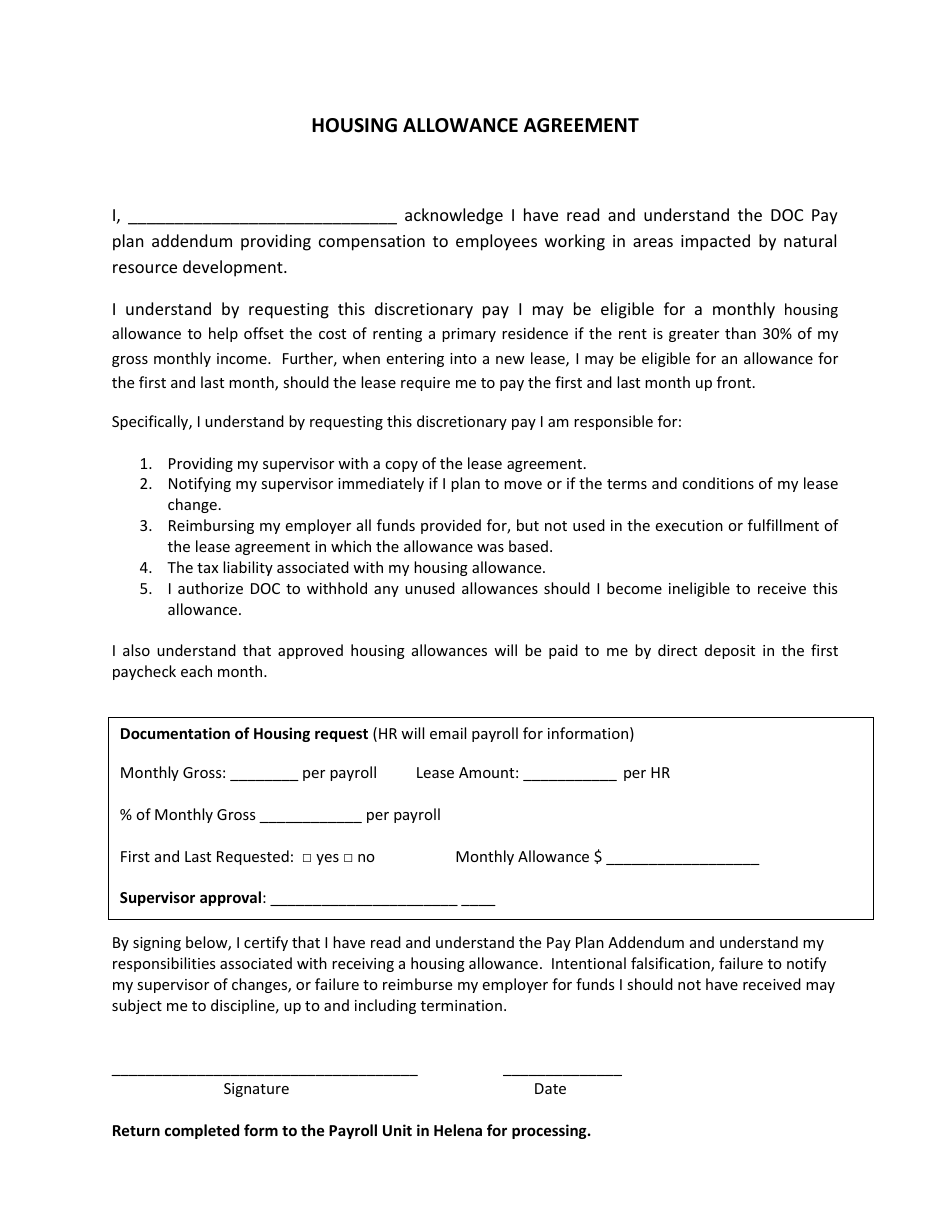 Housing Allowance Agreement Form - Montana, Page 1