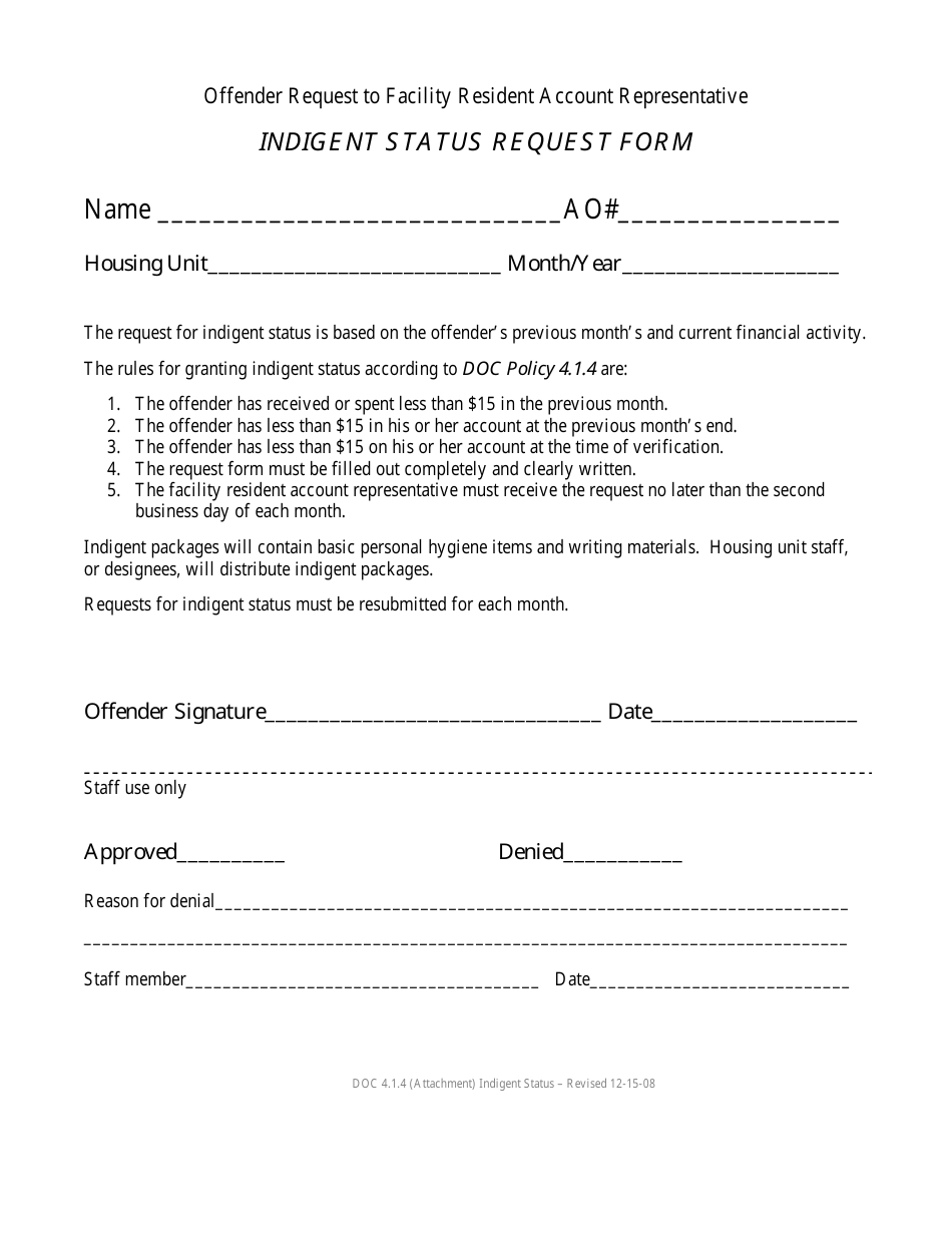 Indigent Status Request Form - Montana, Page 1