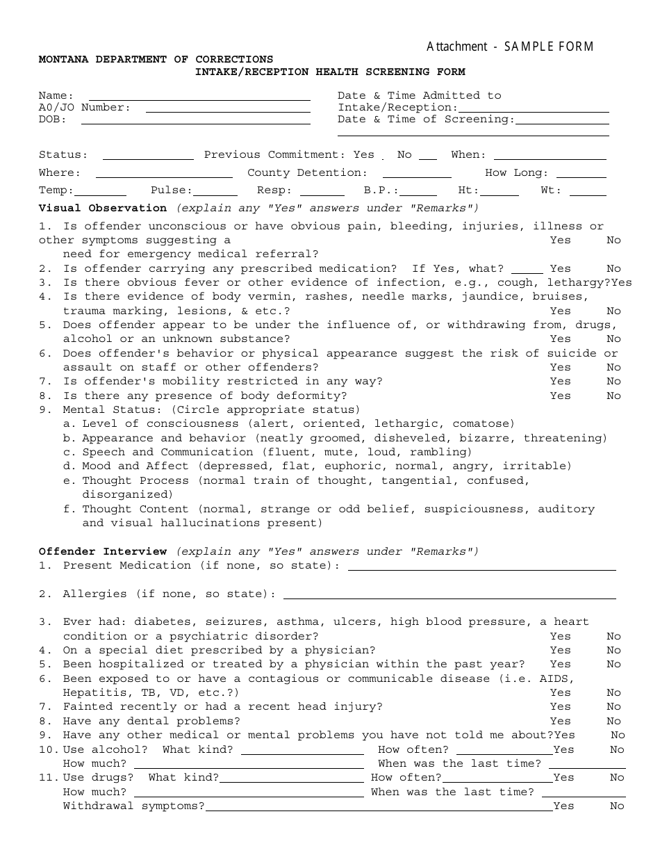 Intake / Reception Health Screening Form - Sample - Montana, Page 1