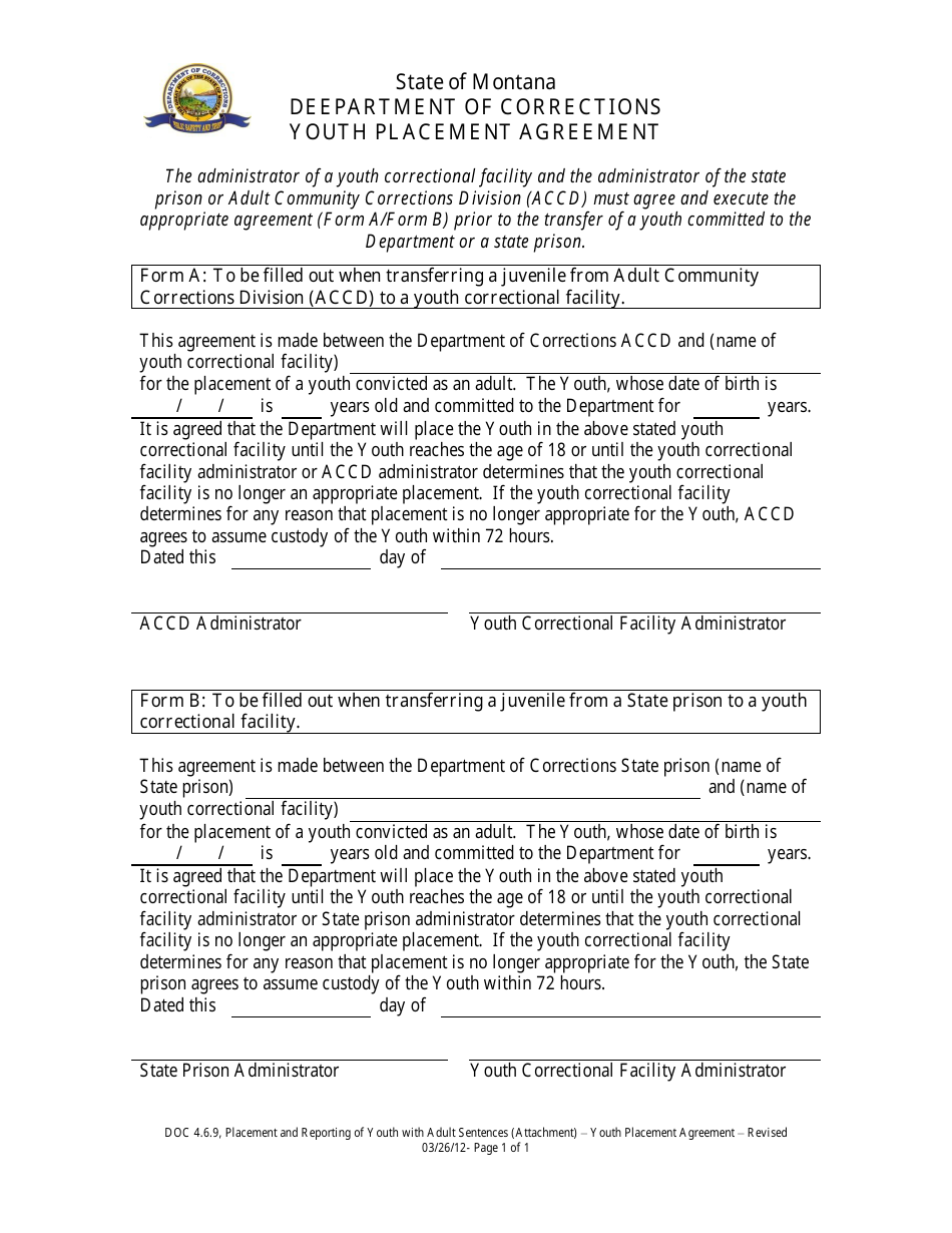 Youth Placement Agreement Form - Montana, Page 1
