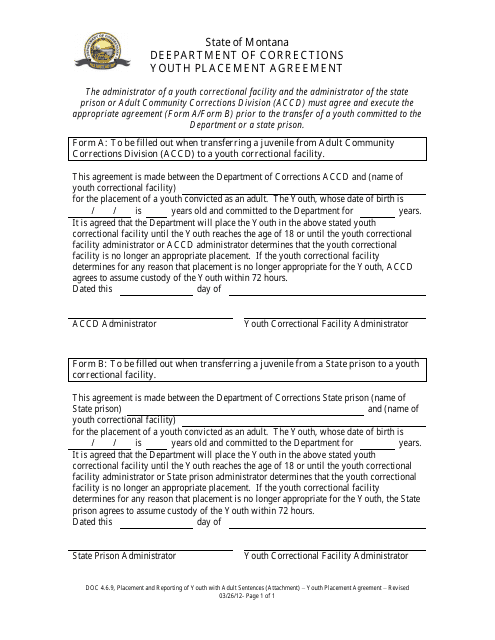 Youth Placement Agreement Form - Montana Download Pdf