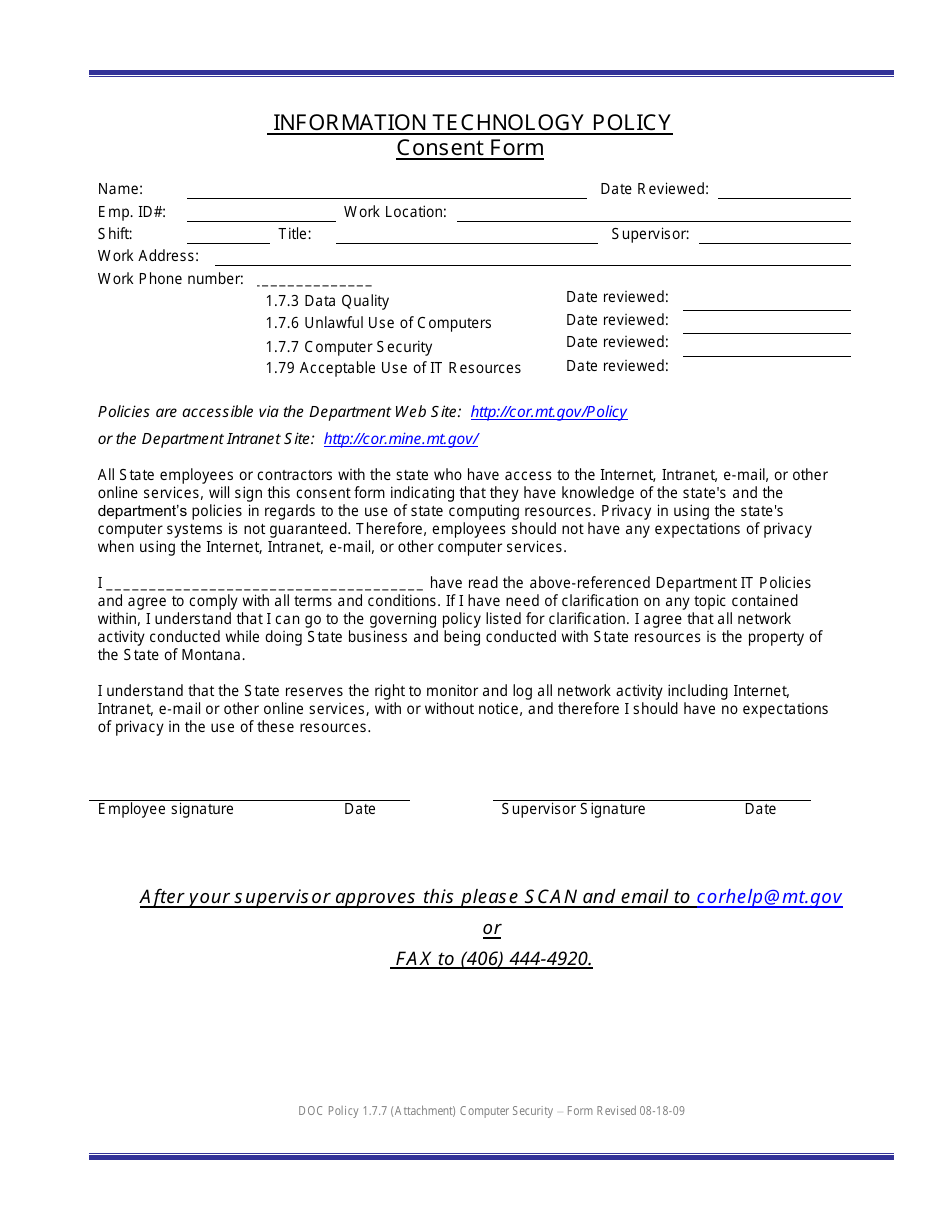 Information Technology Policy Consent Form - Montana, Page 1