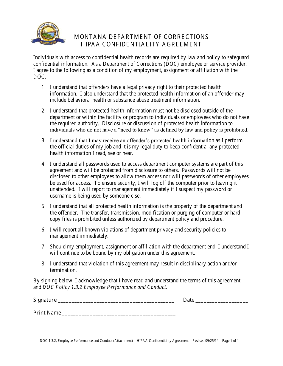 HIPAA Confidentiality Agreement Form - Montana, Page 1