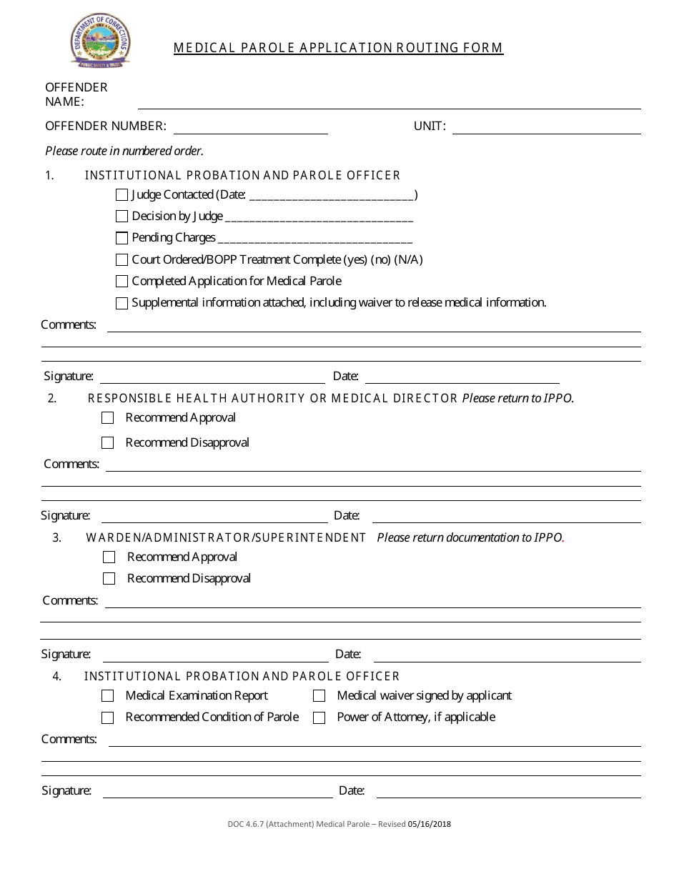 Medical Parole Application Routing Form - Montana, Page 1