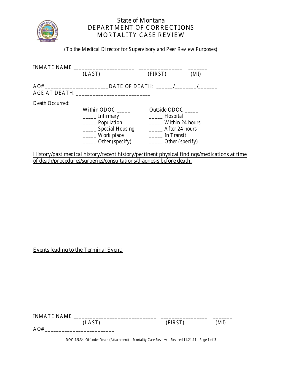 Mortality Case Review Form - Montana, Page 1