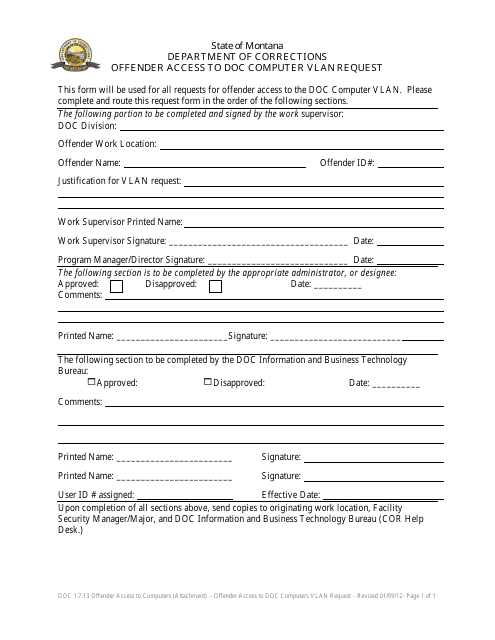 Offender Access to Doc Computer Vlan Request Form - Montana Download Pdf