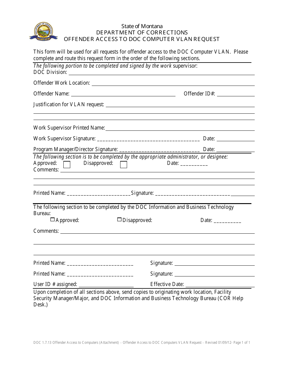 Offender Access to Doc Computer Vlan Request Form - Montana, Page 1