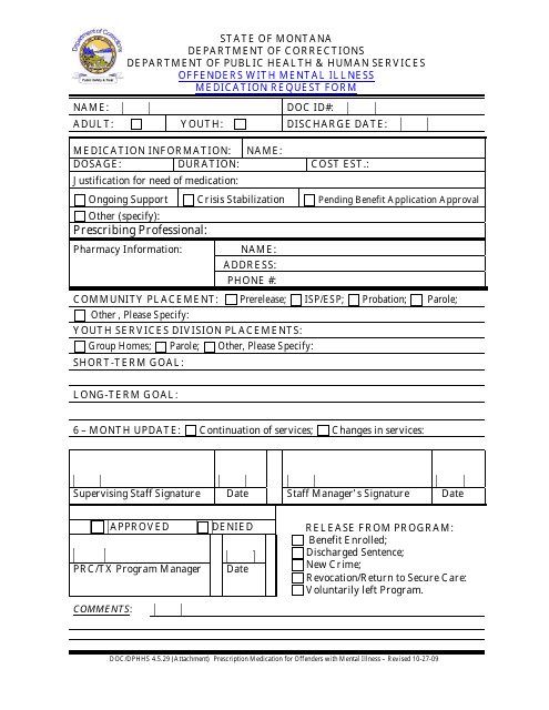Offenders With Mental Illness Medication Request Form - Montana Download Pdf