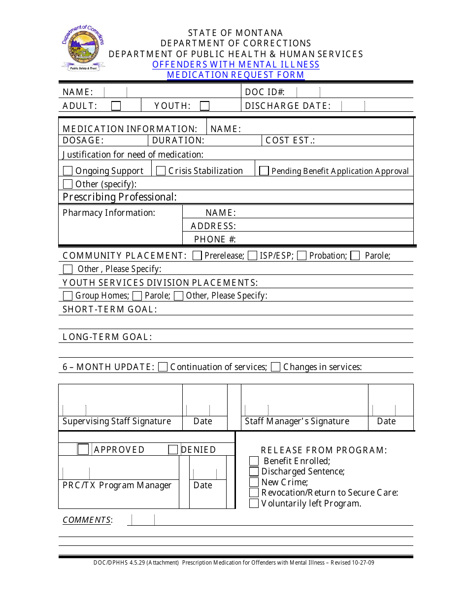 Offenders With Mental Illness Medication Request Form - Montana, Page 1