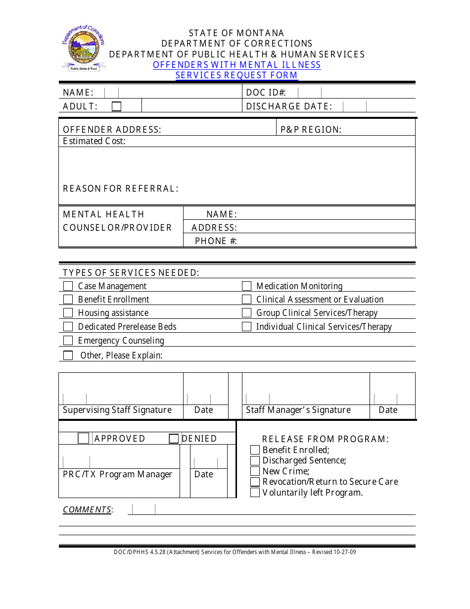 Offenders With Mental Illness Services Request Form - Montana, Page 1
