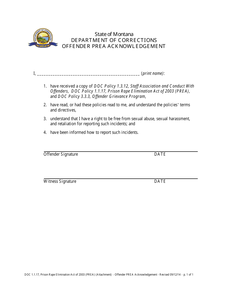 Offender Prea Acknowledgement Form - Montana, Page 1