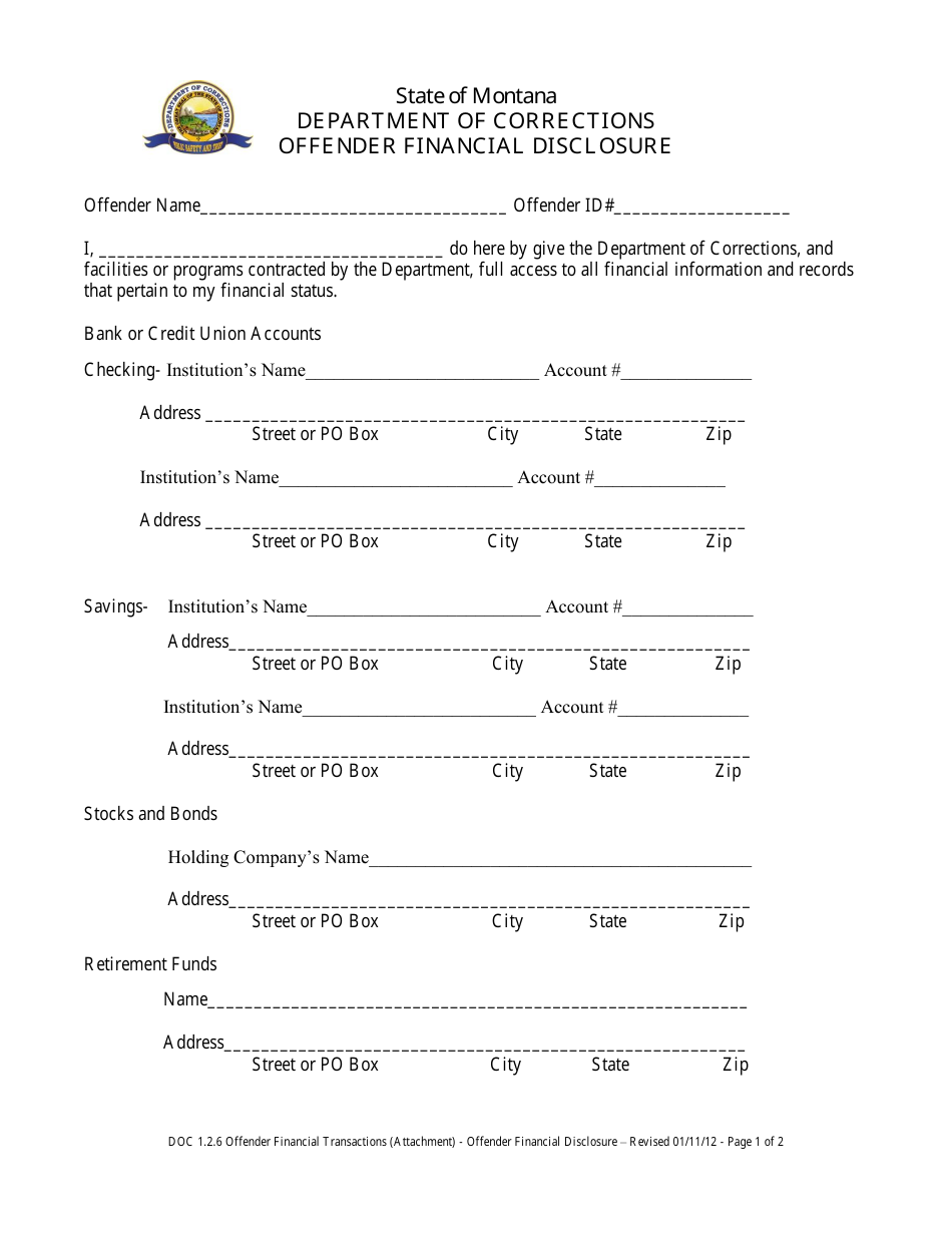 Offender Financial Disclosure Form - Montana, Page 1