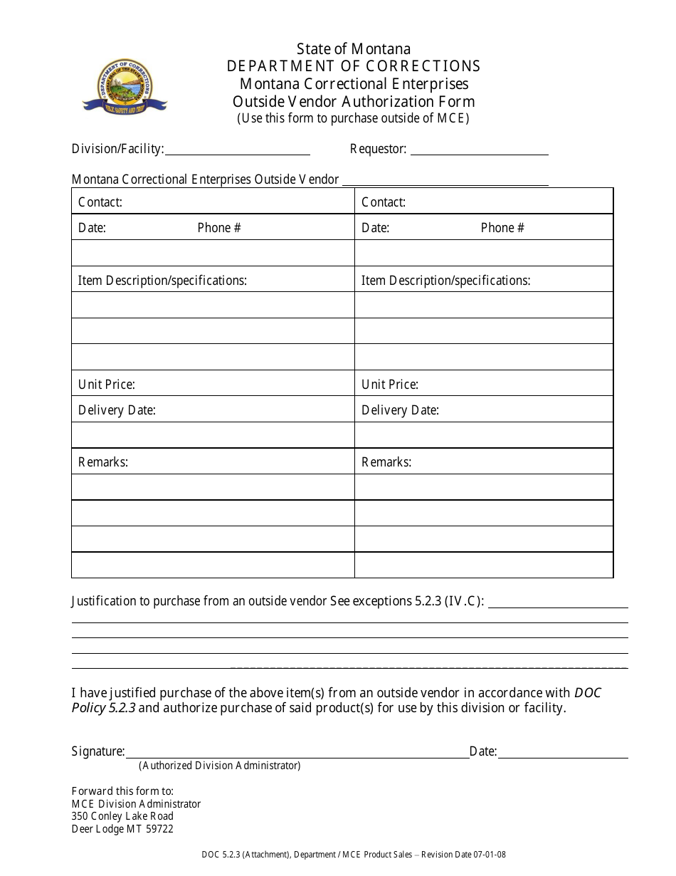 Outside Vendor Authorization Form - Montana Correctional Enterprises - Montana, Page 1