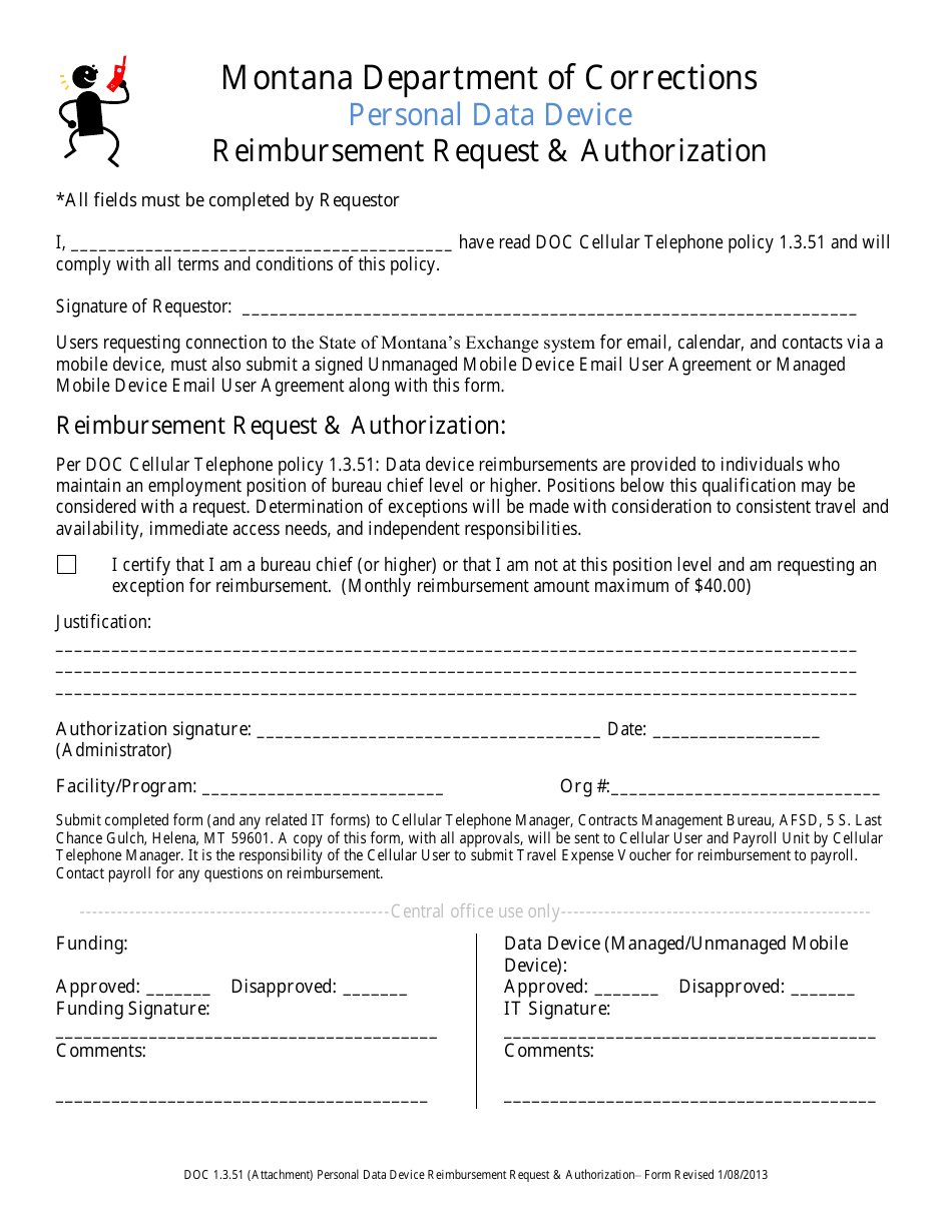 Reimbursement Request  Authorization Form - Personal Data Device - Montana, Page 1