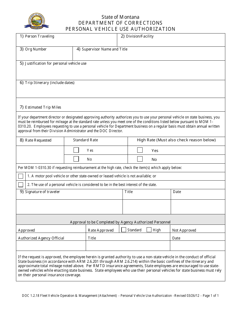 Personal Vehicle Use Authorization Form - Montana, Page 1