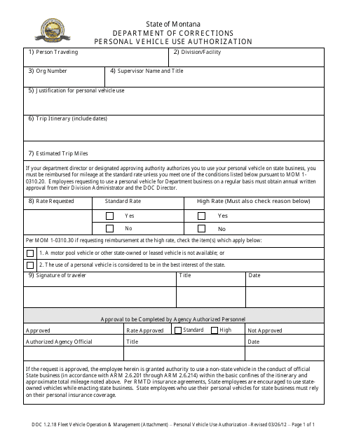 Personal Vehicle Use Authorization Form - Montana Download Pdf