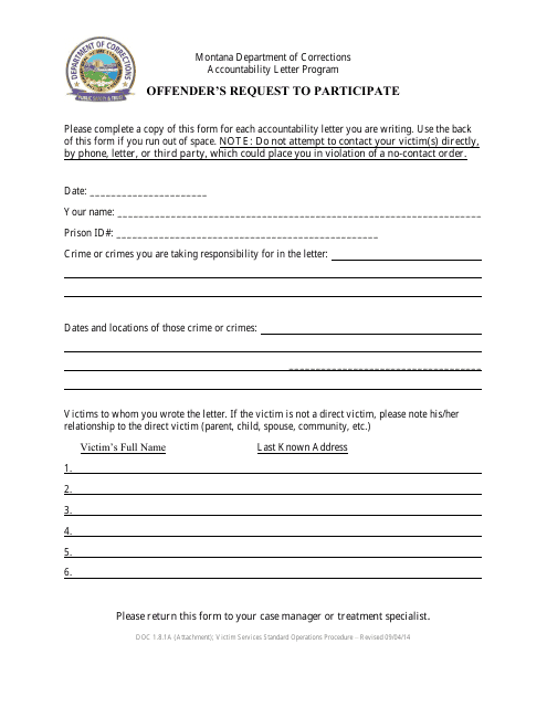 Offender's Request to Participate - Montana Download Pdf