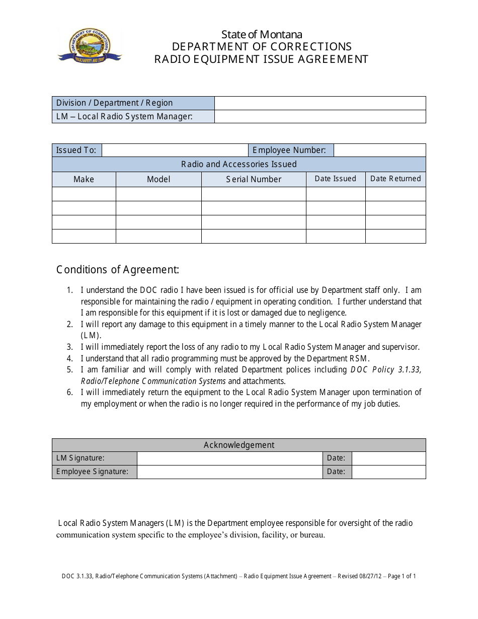Radio Equipment Issue Agreement Form - Montana, Page 1