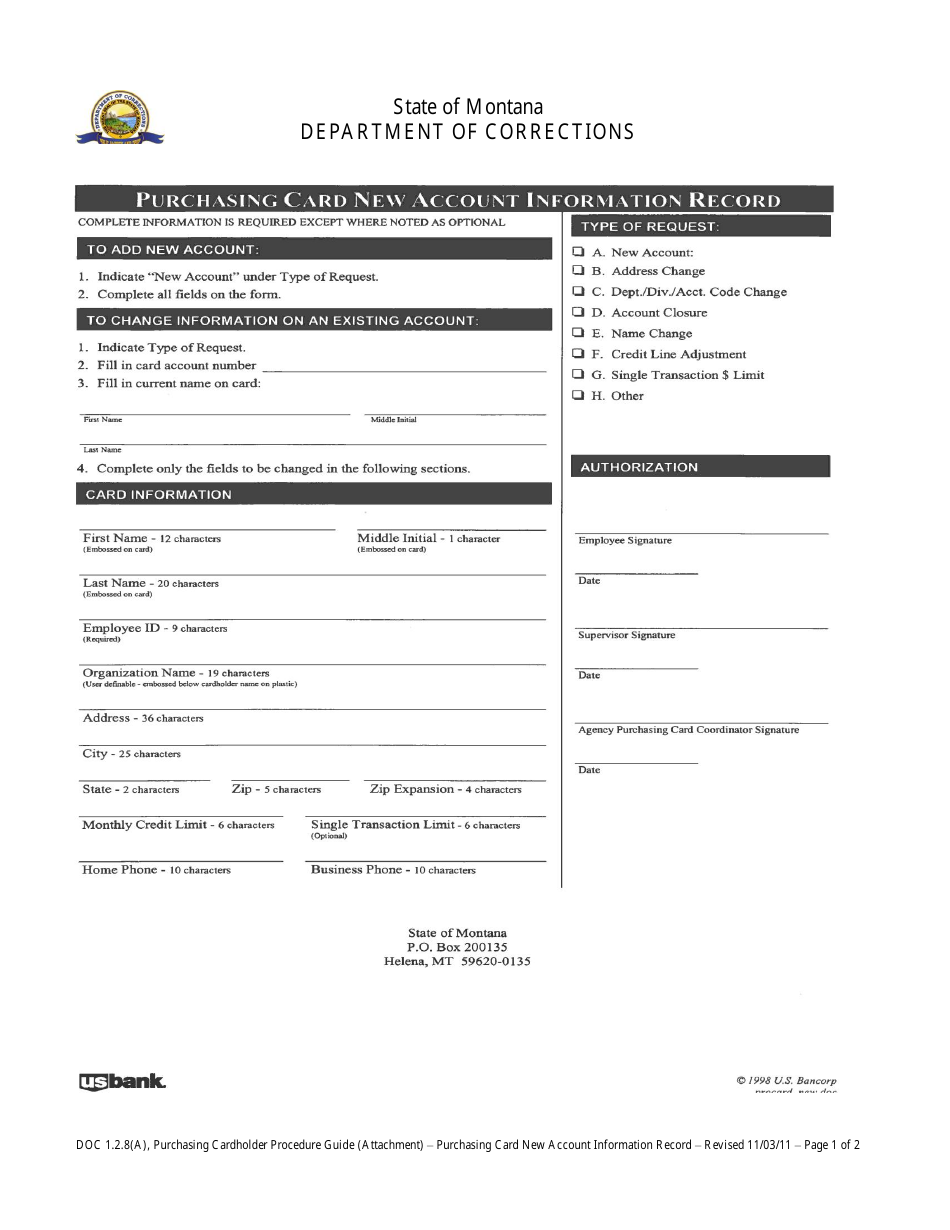 Purchasing Card New Account Information Record Form - Montana, Page 1