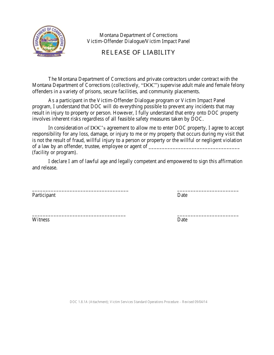 Release of Liability - Montana, Page 1