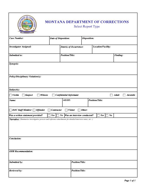 Administrative Investigation Report / Prea Summary Report Form - Montana Download Pdf