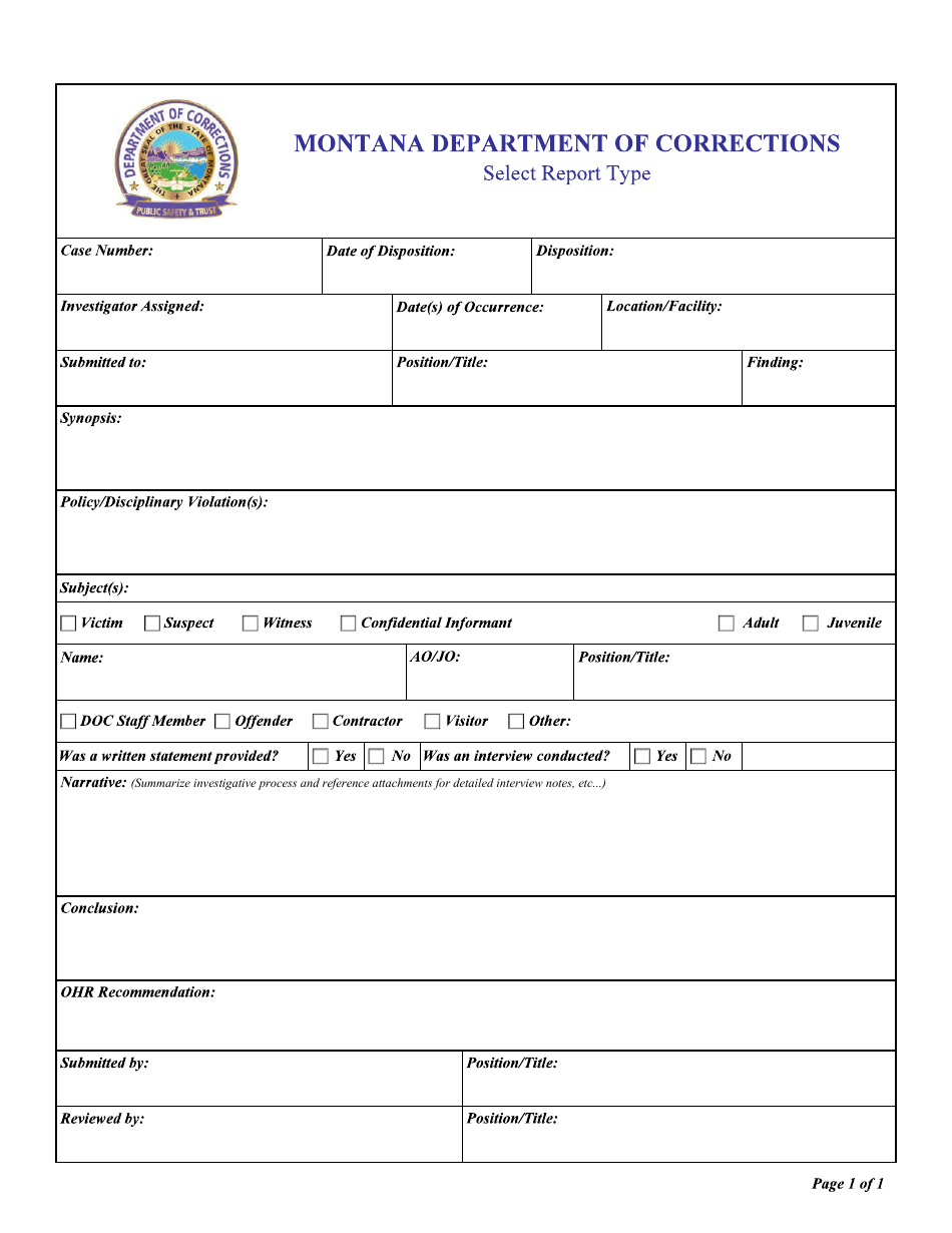 Montana Administrative Investigation Report / Prea Summary Report Form