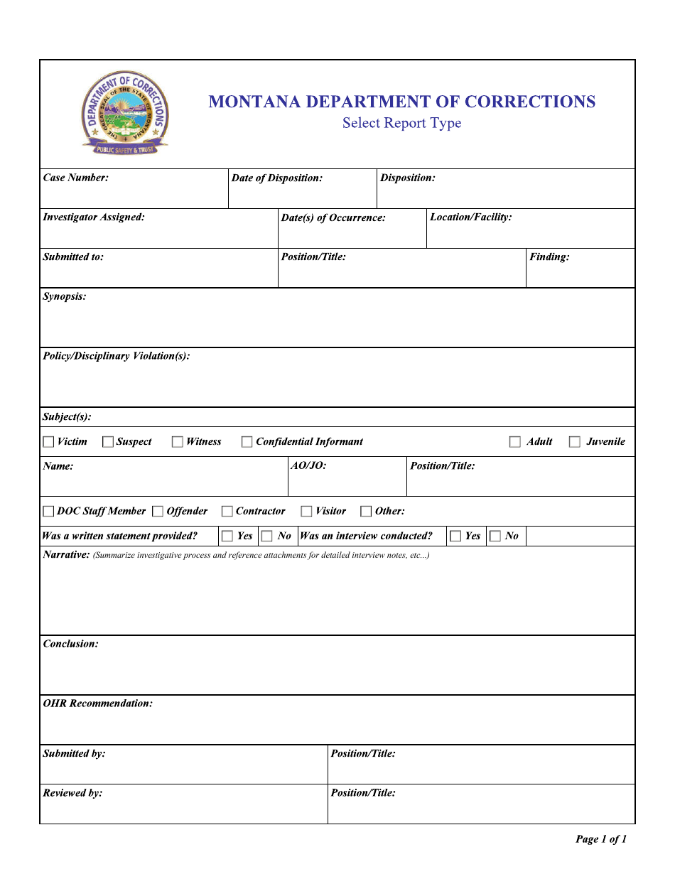 Administrative Investigation Report / Prea Summary Report Form - Montana, Page 1