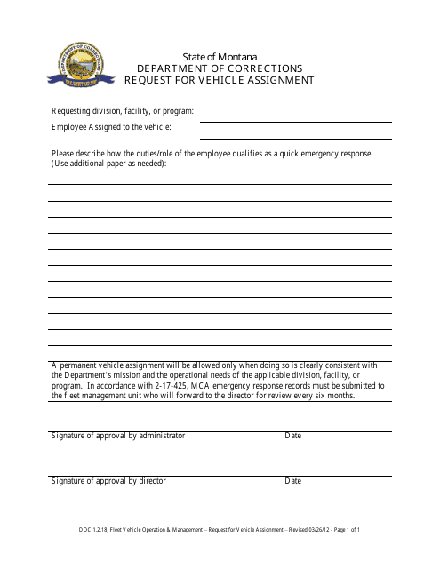 Request for Vehicle Assignment - Montana Download Pdf