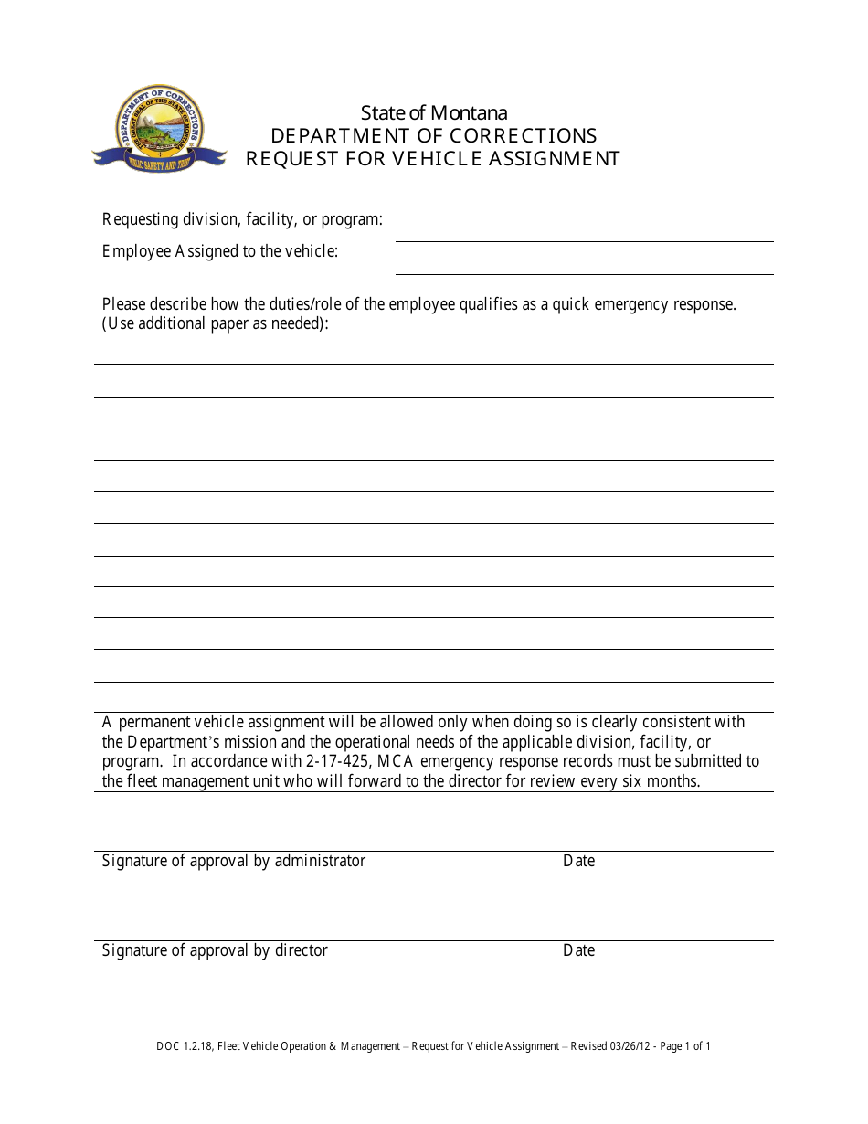 Montana Request for Vehicle Assignment Fill Out, Sign Online and