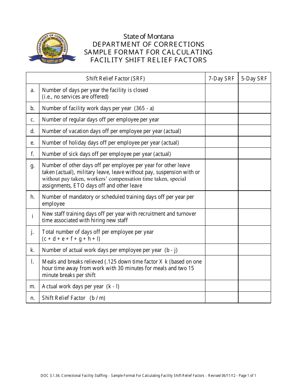 Sample Format for Calculating Facility Shift Relief Factors - Montana, Page 1