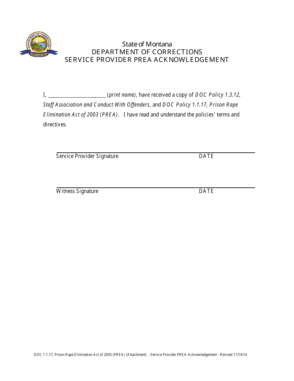 Service Provider Prea Acknowledgement Form - Montana, Page 1