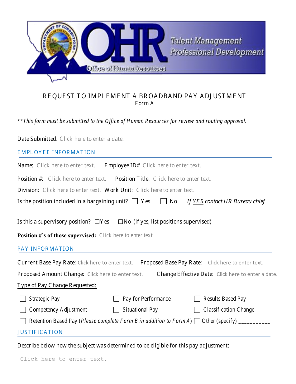 Form A Request to Implement a Broadband Pay Adjustment - Montana, Page 1